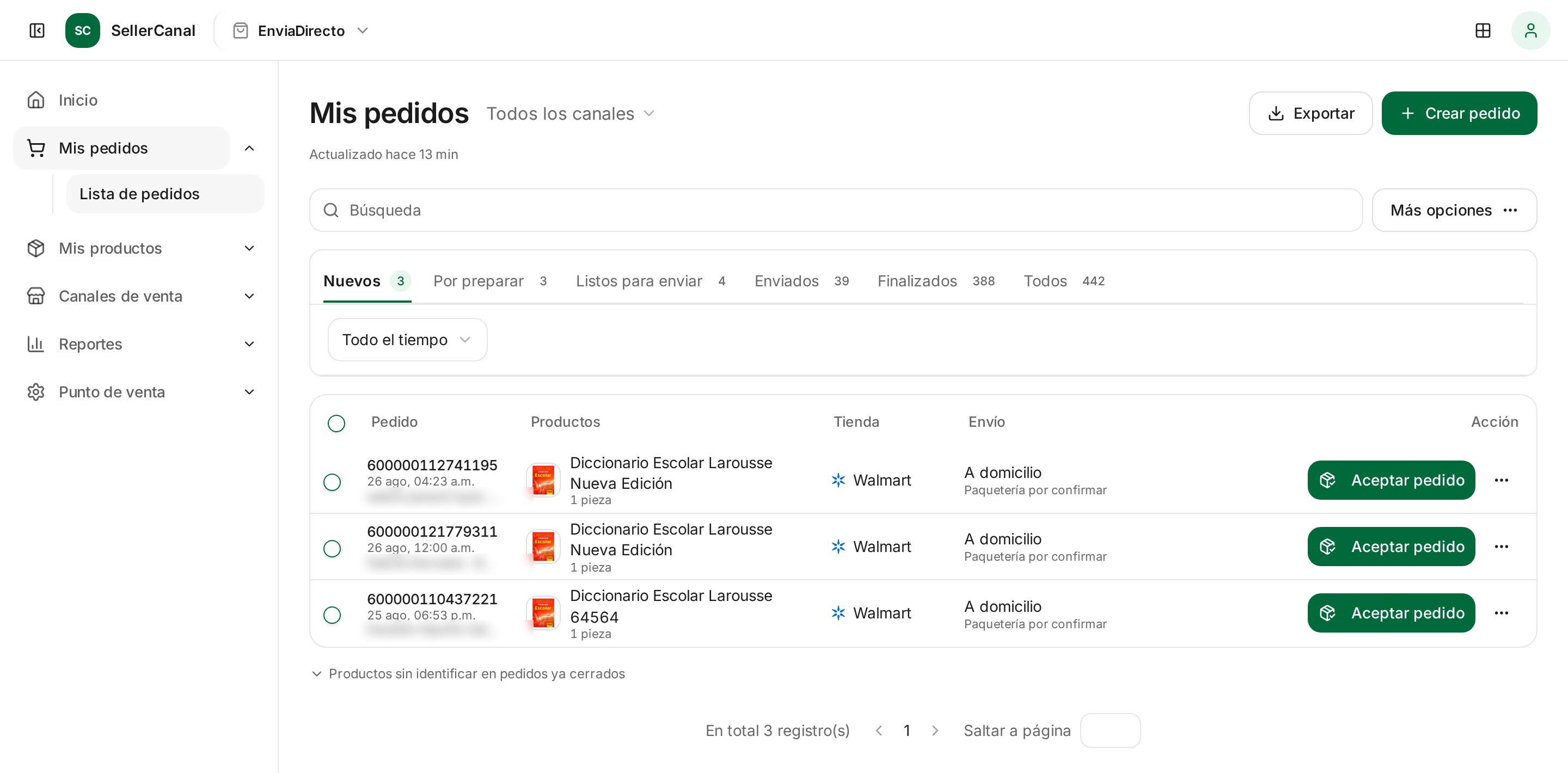 Pantalla de pedidos de SellerCanal con canales, etapas y acciones